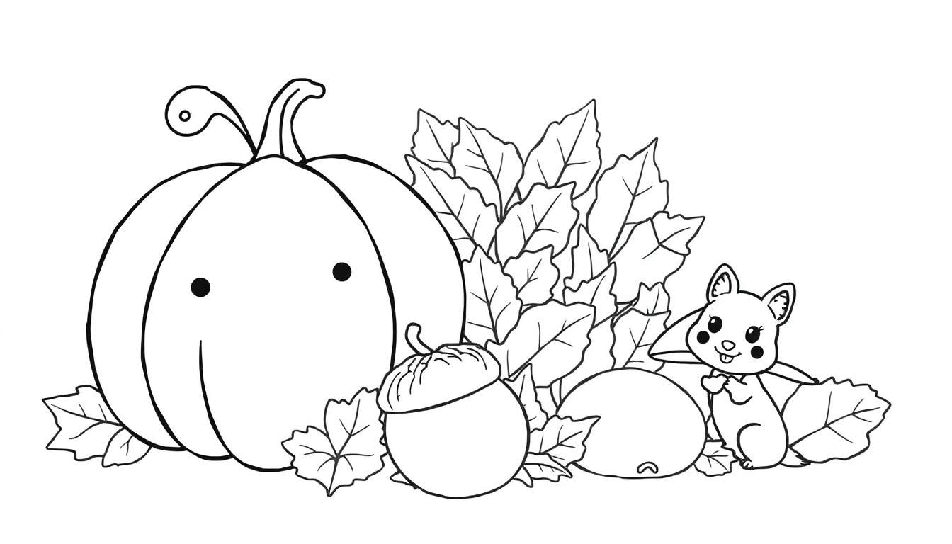 Kleurplaat van een getekende herfstscène met een pompoen met gezicht, een eekhoorn, een eikel en veel herfstbladeren.