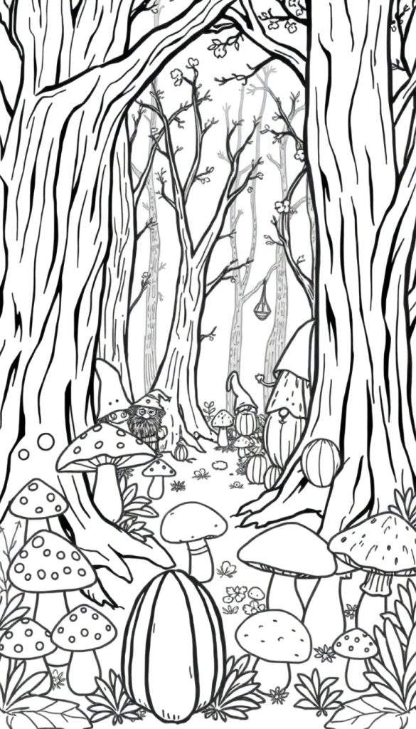 Kleurplaat van een bos in de herfst met grote bomen, diverse paddenstoelen, kabouters met puntmutsen en baarden, een lantaarn, bloempjes en een pompoen.