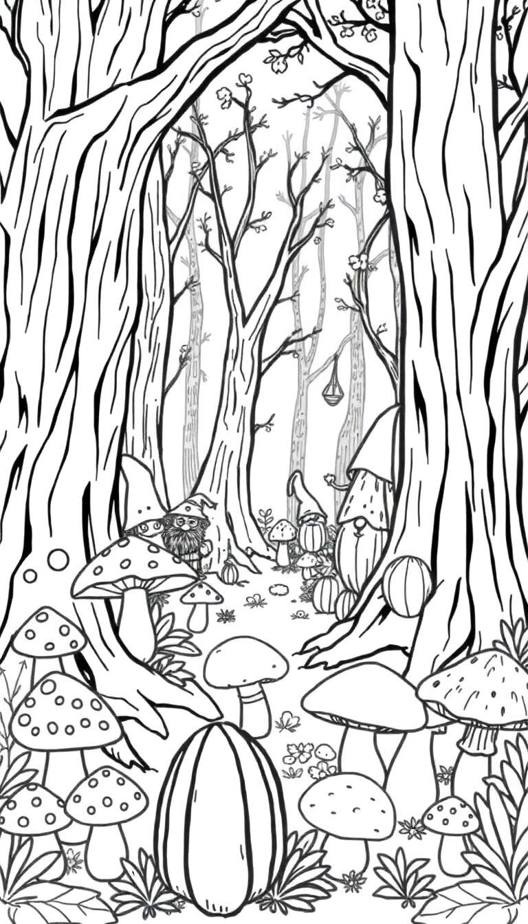 Kleurplaat van een bos in de herfst met grote bomen, diverse paddenstoelen, kabouters met puntmutsen en baarden, een lantaarn, bloempjes en een pompoen.