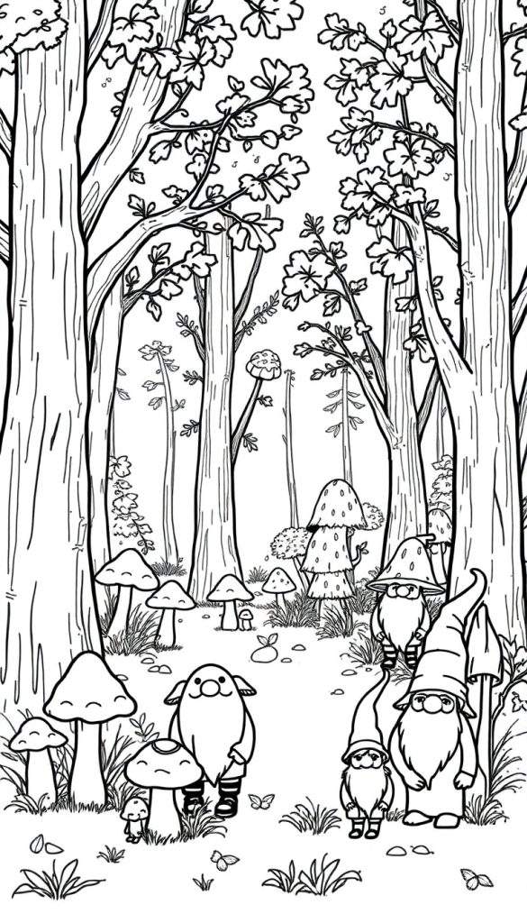 Kleurplaat van een sprookjesachtig herfstbos met bomen, paddenstoelen en kabouters.