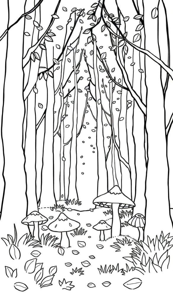 Kleurplaat van een herfstbos met bomen, vallende bladeren, paddenstoelen, gras en planten.