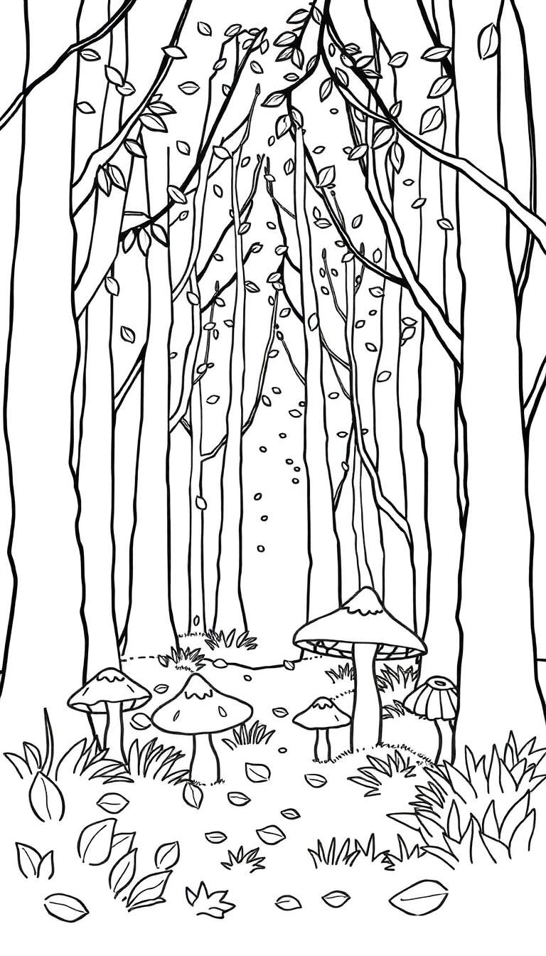 Kleurplaat van een herfstbos met bomen, vallende bladeren, paddenstoelen, gras en planten.