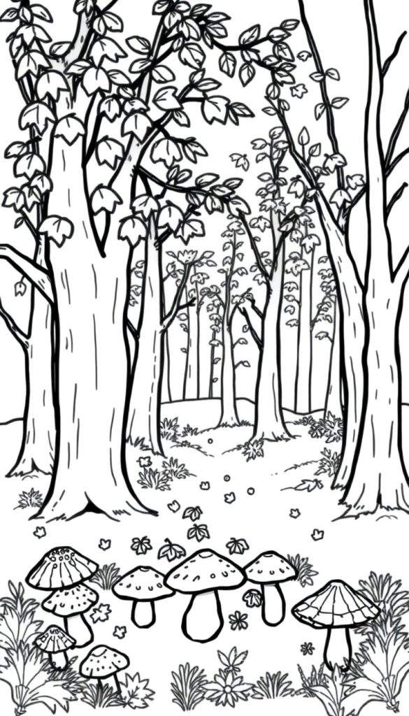 Zwart-wit kleurplaat van een herfstbos met grote en kleine bomen, diverse paddenstoelen met platte en ronde hoeden, en verspreide herfstbladeren op de grond.