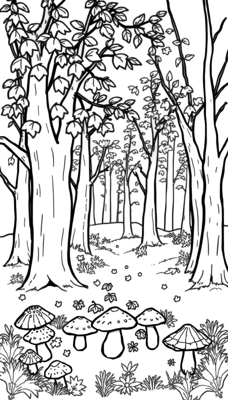 Zwart-wit kleurplaat van een herfstbos met grote en kleine bomen, diverse paddenstoelen met platte en ronde hoeden, en verspreide herfstbladeren op de grond.