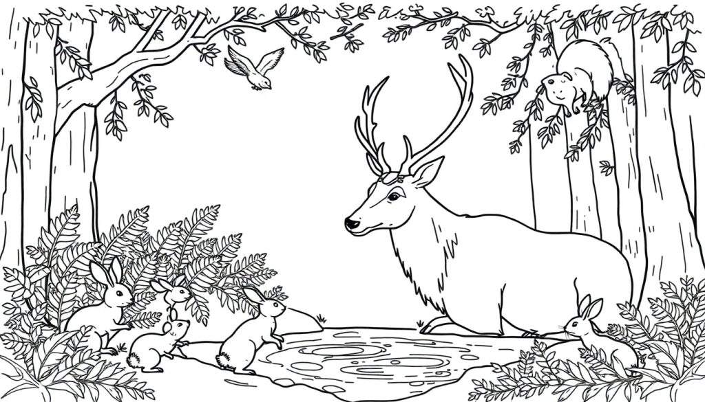 Kleurplaat van een hert dat naar zijn spiegelbeeld kijkt in een bosbeek, met konijnen bij de oever, een eekhoorntje in een boom en een vogel die vliegt.