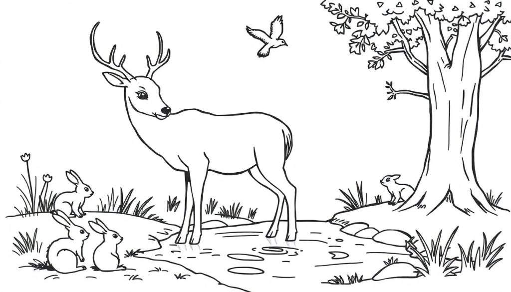 Kleurplaat van een hert met geweien dat drinkt uit een waterpoel, met drie konijntjes en een vliegend vogeltje in een natuurlijke omgeving met gras en bloemen.