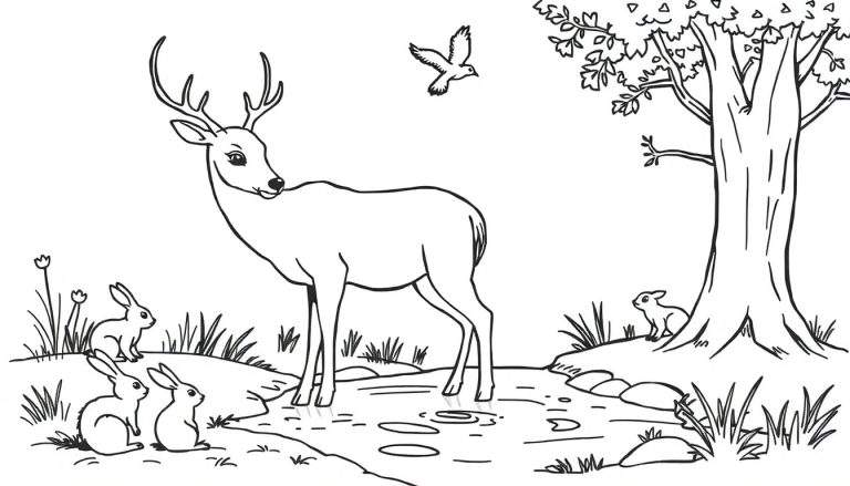 Kleurplaat van een hert met geweien dat drinkt uit een waterpoel, met drie konijntjes en een vliegend vogeltje in een natuurlijke omgeving met gras en bloemen.