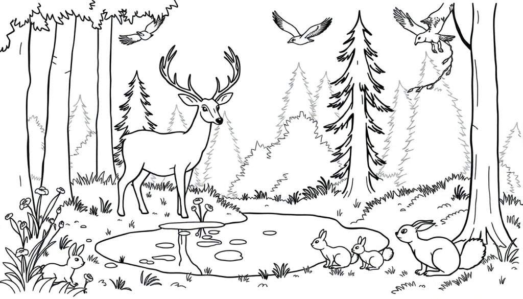 Kleurplaat van een hert die in een plas kijkt, omringd door konijnen, bloemen, gras en bomen, met vogels in de lucht.