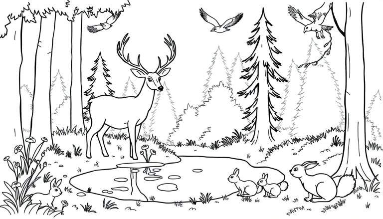 Kleurplaat van een hert die in een plas kijkt, omringd door konijnen, bloemen, gras en bomen, met vogels in de lucht.