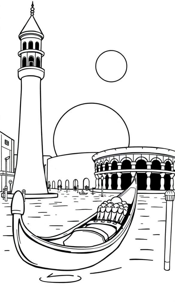 Zwart-wit kleurplaat van een Italiaans tafereel met een gondel vol mensen op het water, een hoge toren op de achtergrond, gebouwen met arcades en een grote cirkel in de lucht.