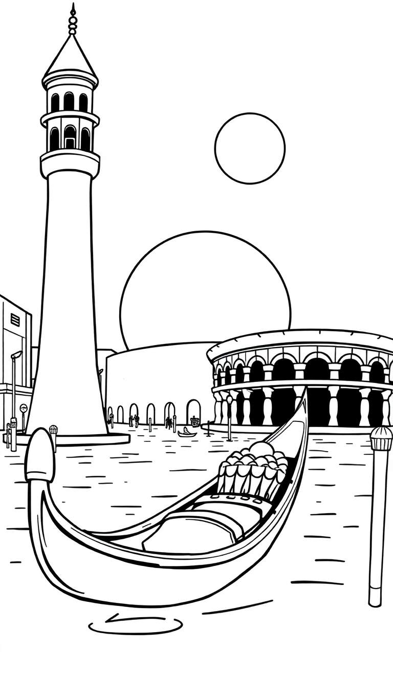 Zwart-wit kleurplaat van een Italiaans tafereel met een gondel vol mensen op het water, een hoge toren op de achtergrond, gebouwen met arcades en een grote cirkel in de lucht.