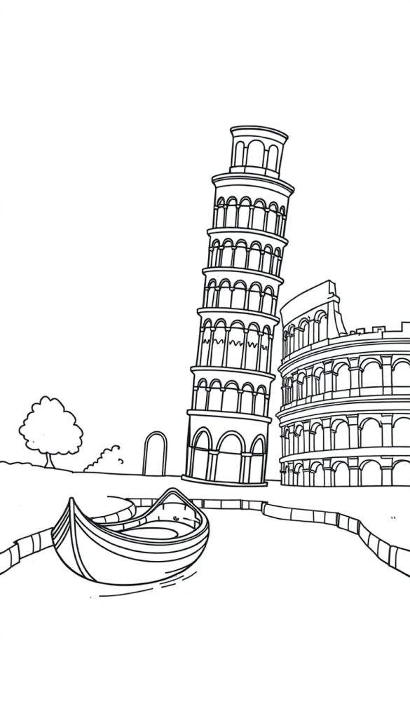 Kleurplaat met de Toren van Pisa, het Colosseum, een boot in een gracht en een boom.