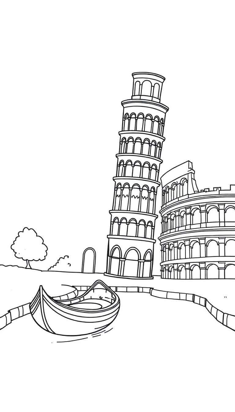 Kleurplaat met de Toren van Pisa, het Colosseum, een boot in een gracht en een boom.
