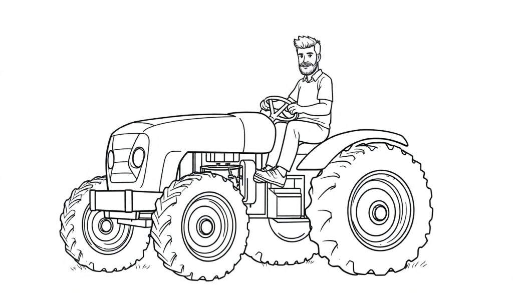 Kleurplaat van een jonge man met baard en kuif die op een grote tractor rijdt.