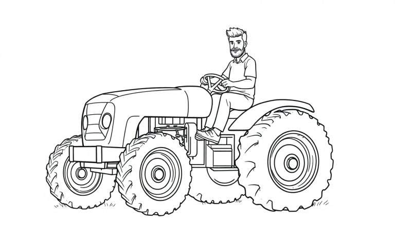 Kleurplaat van een jonge man met baard en kuif die op een grote tractor rijdt.