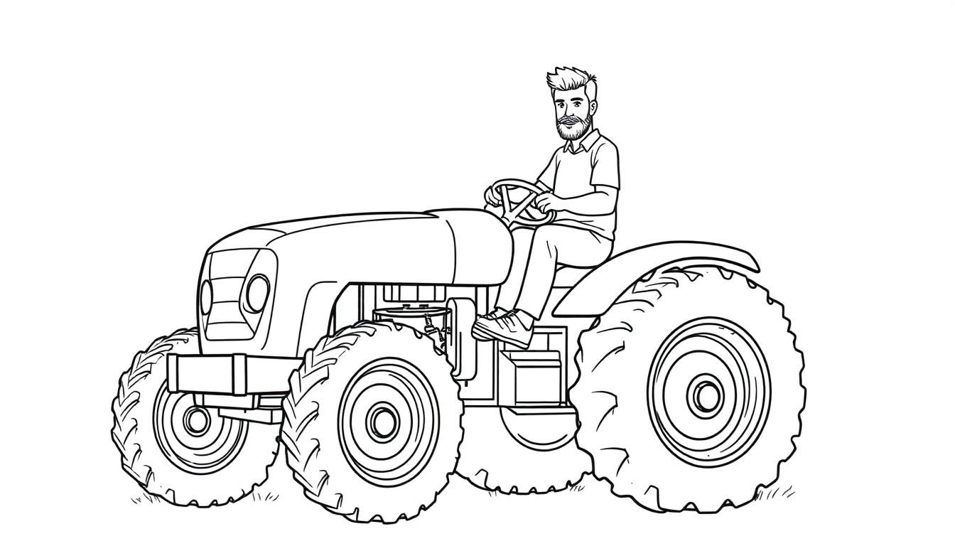 Kleurplaat van een jonge man met baard en kuif die op een grote tractor rijdt.