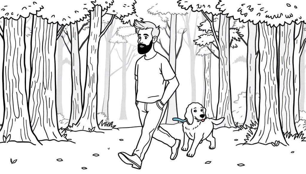 Kleurplaat van een jonge man met baard en kuifje die met zijn Curly Coated Retriever door een bos loopt.