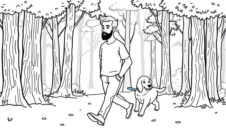 Kleurplaat van een jonge man met baard en kuifje die met zijn Curly Coated Retriever door een bos loopt.