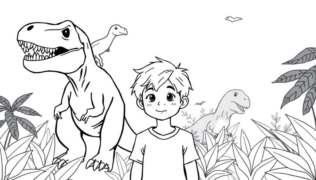 Kleurplaat van een jongetje met blond haar in het oerwoud, omringd door T-Rexen en andere dinosaurussen, met een Pterodactylus op zijn schouder.