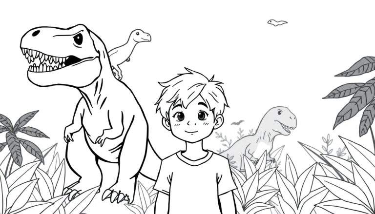 Kleurplaat van een jongetje met blond haar in het oerwoud, omringd door T-Rexen en andere dinosaurussen, met een Pterodactylus op zijn schouder.