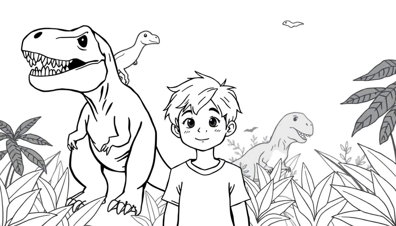 Kleurplaat van een jongetje met blond haar in het oerwoud, omringd door T-Rexen en andere dinosaurussen, met een Pterodactylus op zijn schouder.