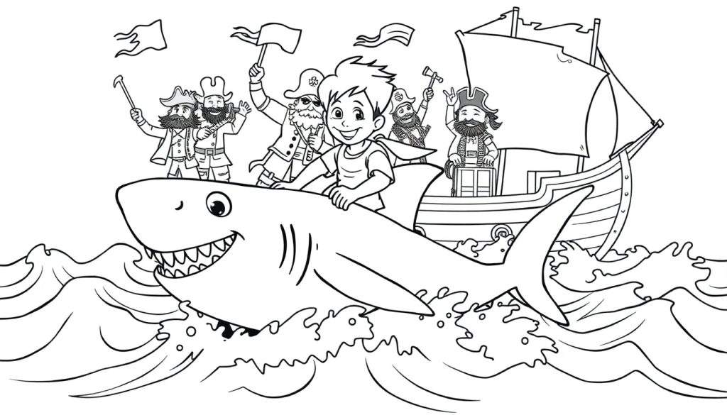 Kleurplaat van een jongen die op een haai rijdt, met piraten op de haai en een piratenschip op de achtergrond.