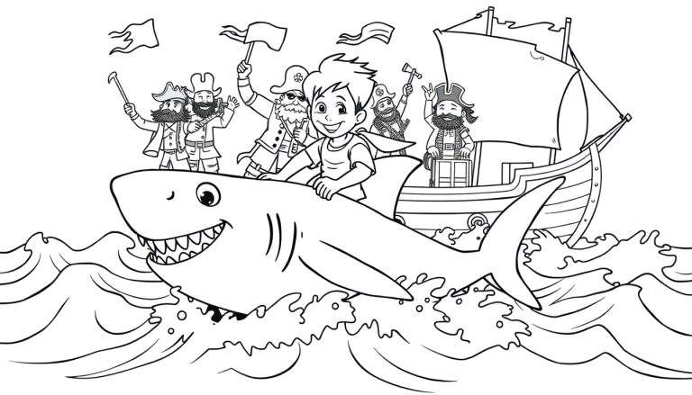 Kleurplaat van een jongen die op een haai rijdt, met piraten op de haai en een piratenschip op de achtergrond.