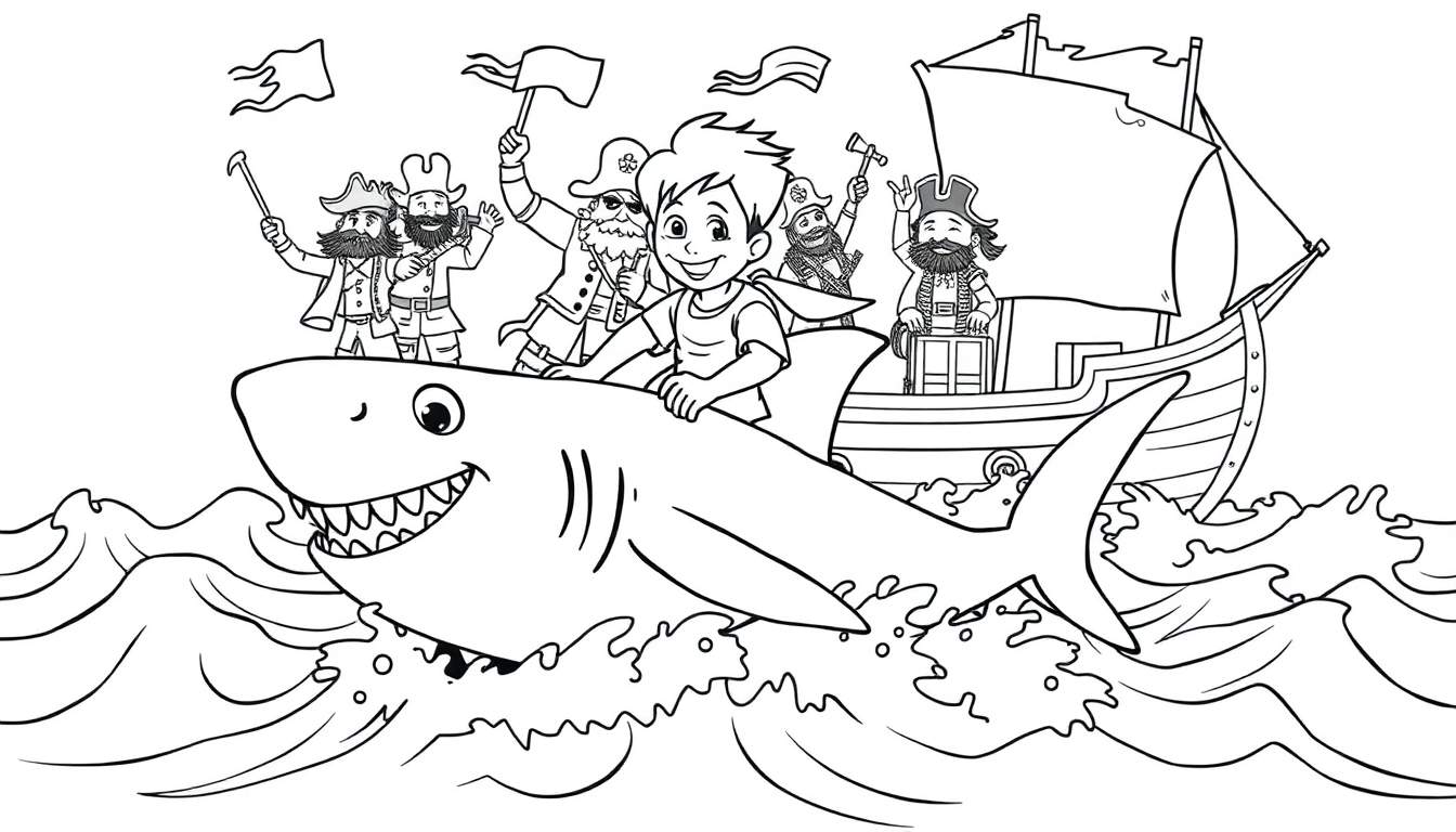 Kleurplaat van een jongen die op een haai rijdt, met piraten op de haai en een piratenschip op de achtergrond.
