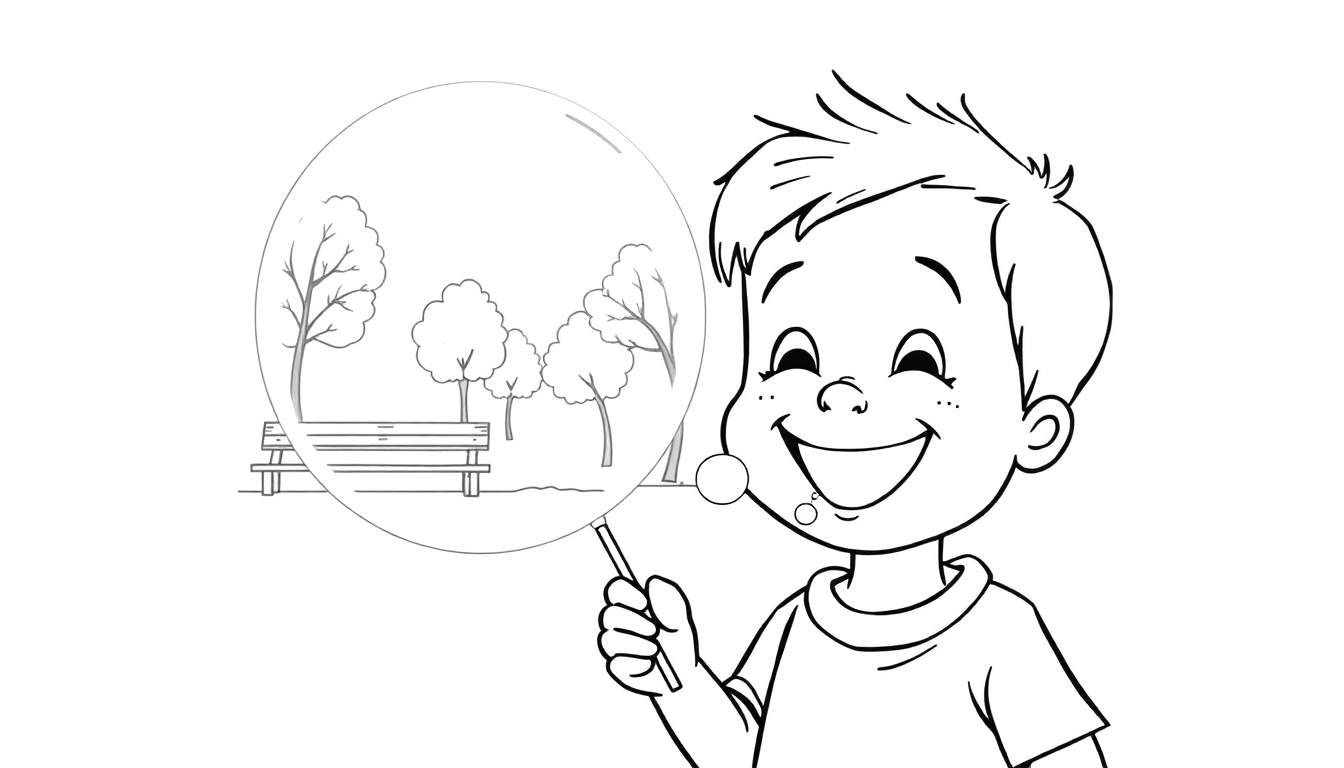 Kleurplaat van een jongen die een zeepbel vasthoudt, met een parklandschap in de zeepbel.