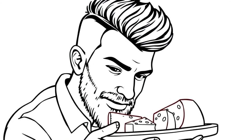 Zwart-wit kleurplaat van een man met baard en kuifje die kaas eet.