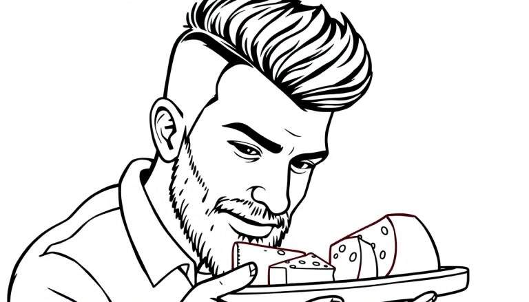 Zwart-wit kleurplaat van een man met baard en kuifje die kaas eet.