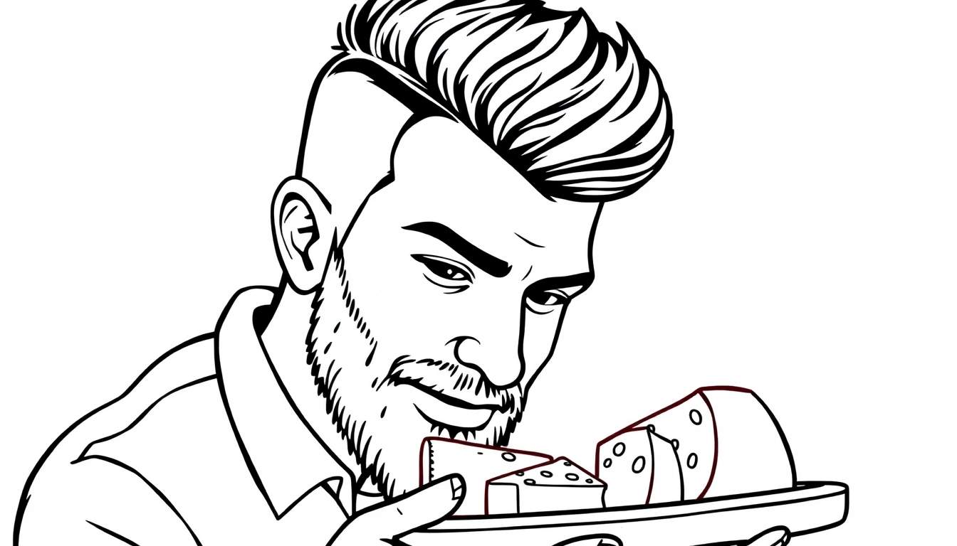 Zwart-wit kleurplaat van een man met baard en kuifje die kaas eet.