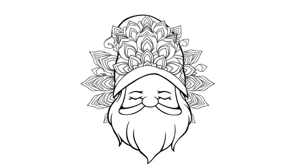 Lijntekening van een kabouter met dichtgeknepen ogen, een vriendelijke uitdrukking en een muts, met een mandala van bloemblaadjes rondom zijn hoofd en gezicht.