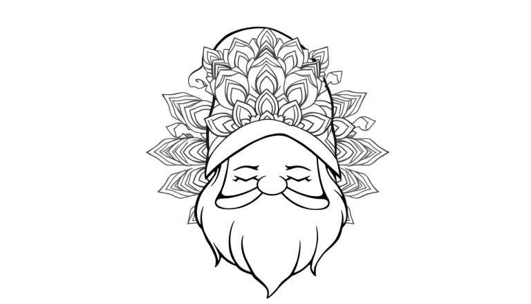 Lijntekening van een kabouter met dichtgeknepen ogen, een vriendelijke uitdrukking en een muts, met een mandala van bloemblaadjes rondom zijn hoofd en gezicht.