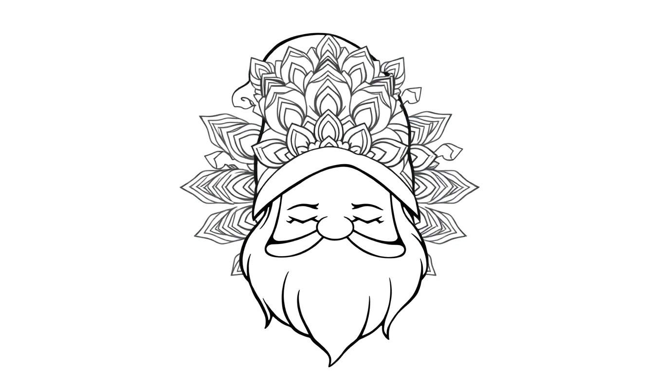 Lijntekening van een kabouter met dichtgeknepen ogen, een vriendelijke uitdrukking en een muts, met een mandala van bloemblaadjes rondom zijn hoofd en gezicht.