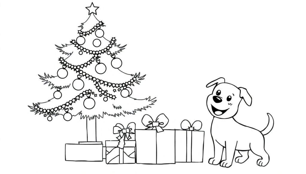 Kleurplaat van een kerstscène met een kerstboom, cadeaus en een hond.