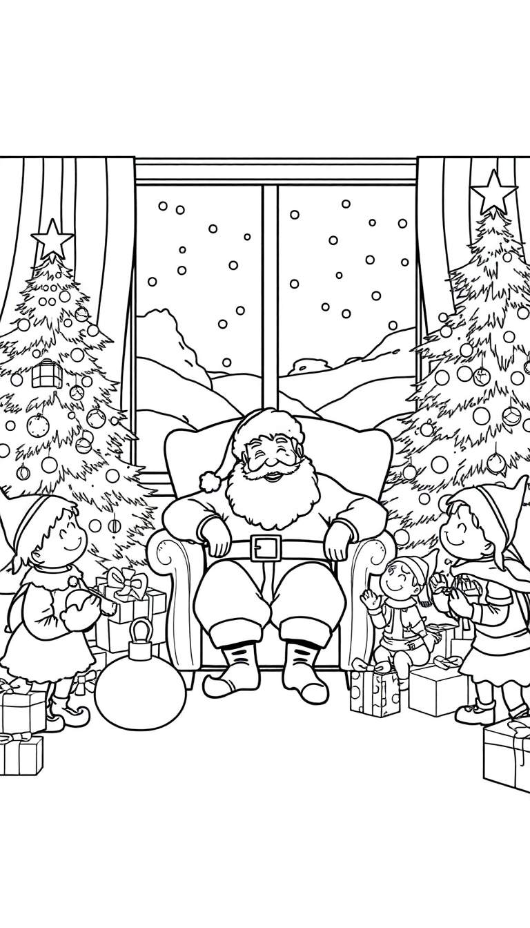 Kleurplaat van de Kerstman zittend in een stoel met twee elfjes aan zijn zijden, twee kerstbomen, cadeaus en sneeuw buiten het raam.