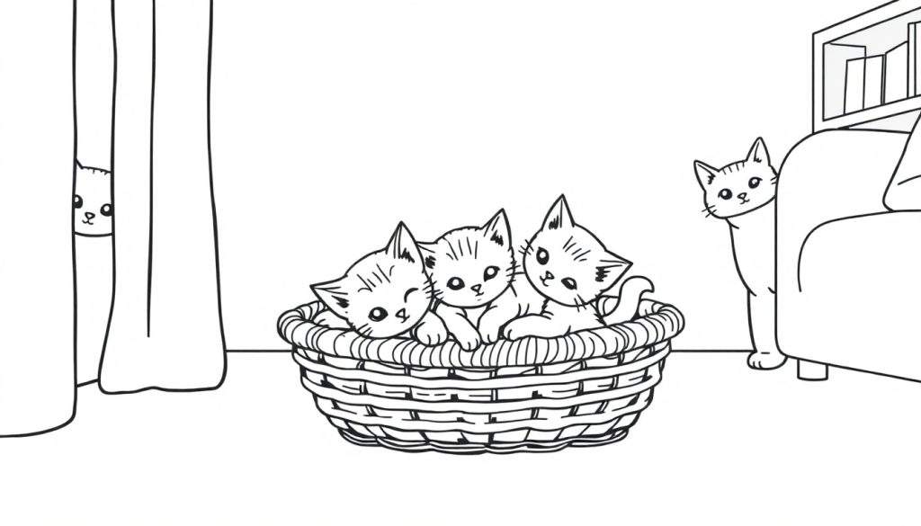 Kleurplaat van een mand met vier kittens en een kat bij een bank.