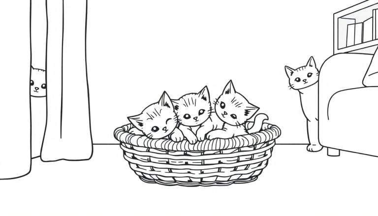 Kleurplaat van een mand met vier kittens en een kat bij een bank.