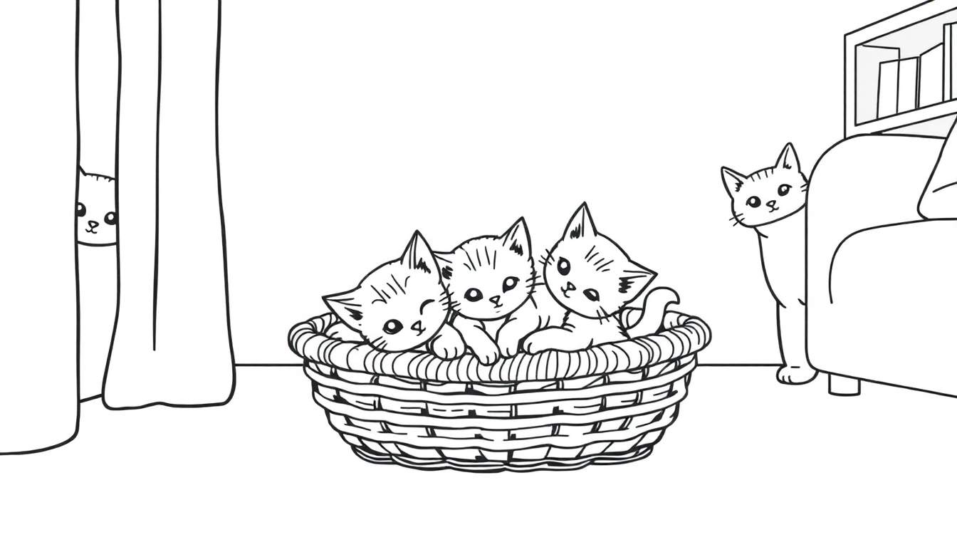 Kleurplaat van een mand met vier kittens en een kat bij een bank.