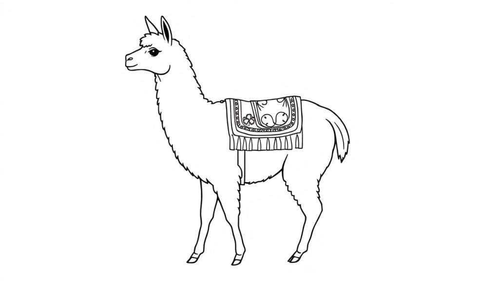 Zwart-wit schets van een lama met een gedetailleerd zadel, klaar om ingekleurd te worden.