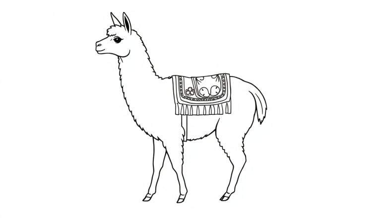 Zwart-wit schets van een lama met een gedetailleerd zadel, klaar om ingekleurd te worden.