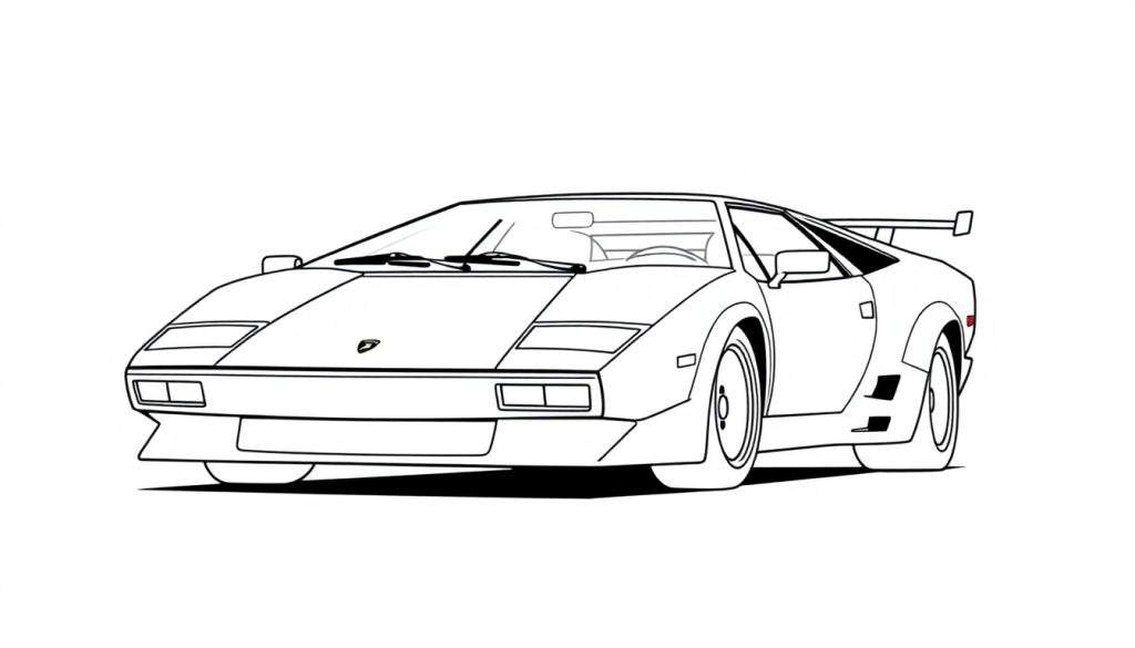 Kleurplaat van een witte Lamborghini Countach sportwagen, van voren gezien met spoiler.