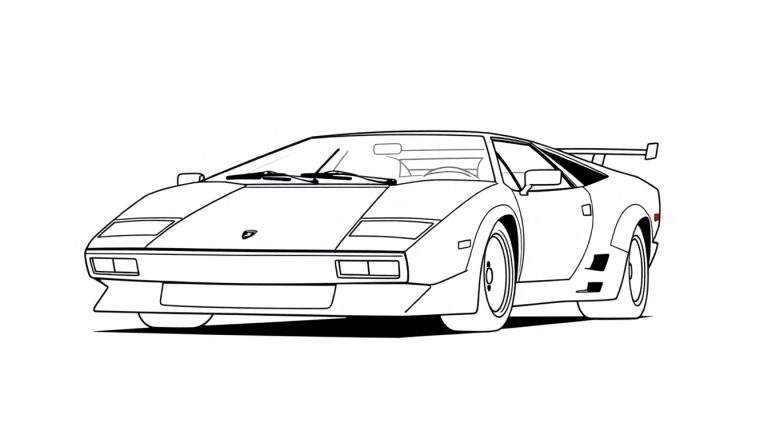 Kleurplaat van een witte Lamborghini Countach sportwagen, van voren gezien met spoiler.