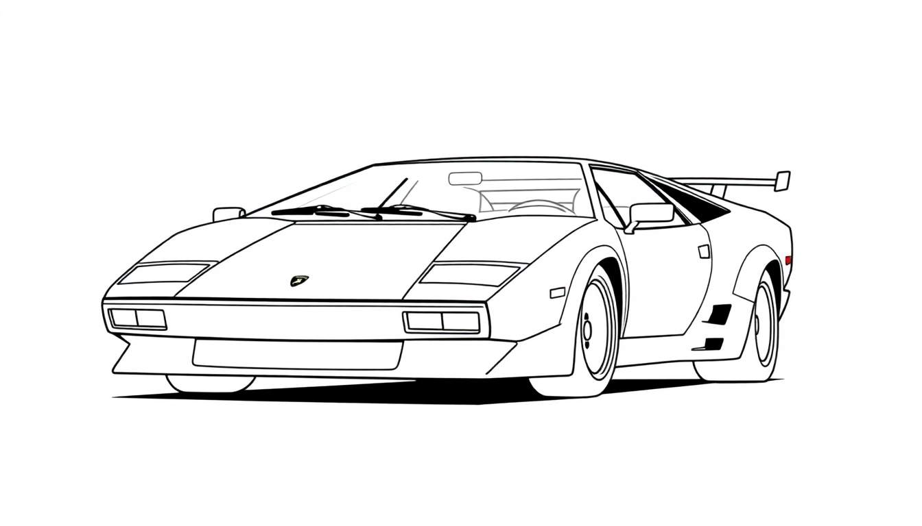 Kleurplaat van een witte Lamborghini Countach sportwagen, van voren gezien met spoiler.