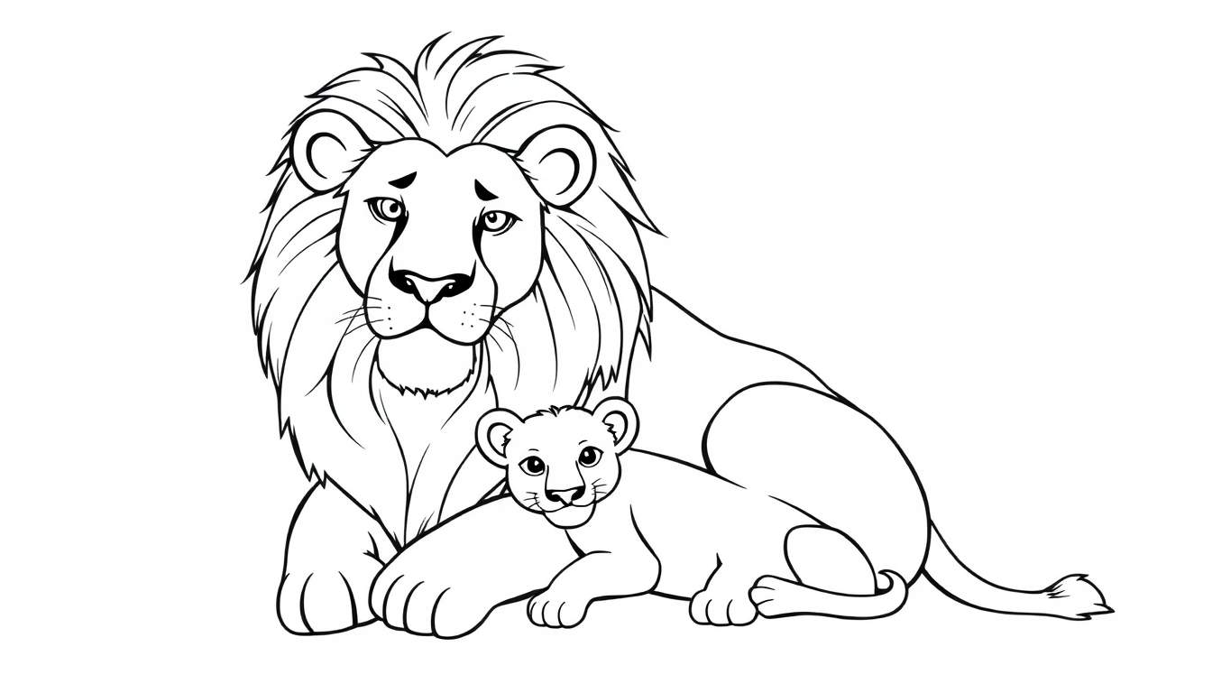 Zwart-wit tekening van een leeuw met grote manen en een welpje die naast elkaar op de grond liggen.