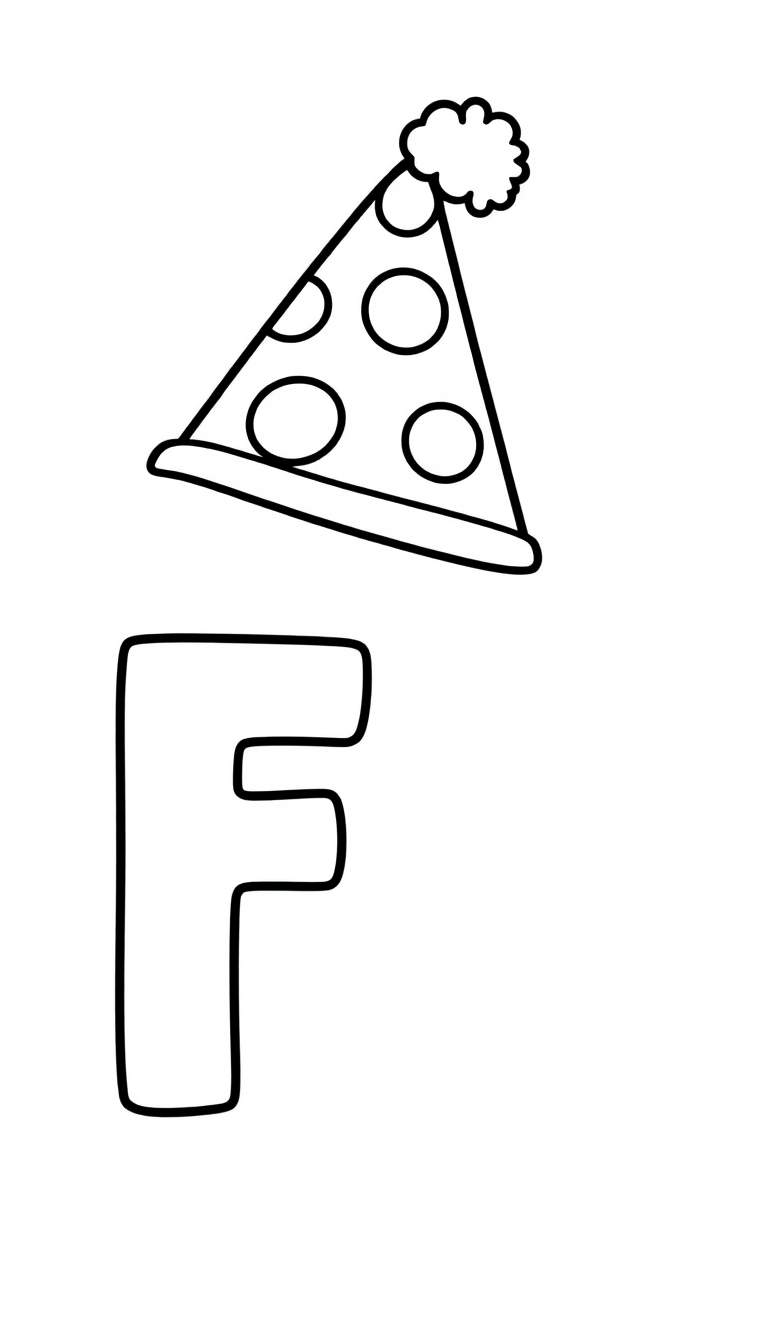 Kleurplaat van een grote letter F met een feestmutsje met stippen erop.