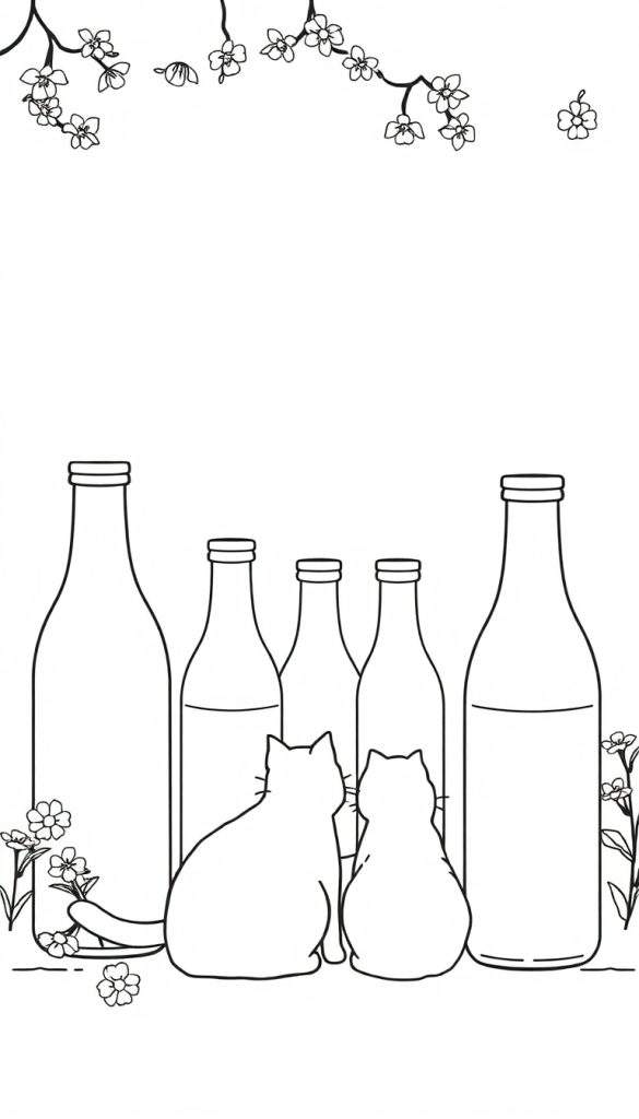 Lijntekening van een bloesemtak met bloemen en blaadjes, vijf limonadeflessen op een rij, twee katten die erachter zitten en naar de flessen kijken, en bloemen aan weerszijden van de flessen.