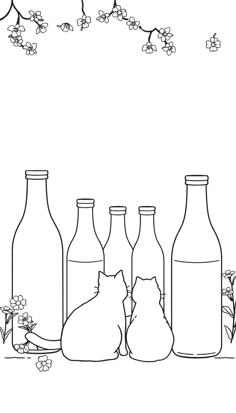 Lijntekening van een bloesemtak met bloemen en blaadjes, vijf limonadeflessen op een rij, twee katten die erachter zitten en naar de flessen kijken, en bloemen aan weerszijden van de flessen.
