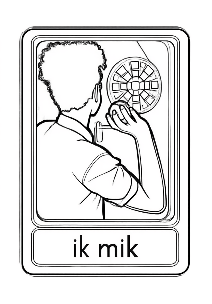 Kleurplaat van een man die aan het darten is, gezien vanaf de achterkant, met krullend haar, een dartpijl in zijn hand en een dartbord voor zich. De tekst 'ik mik' staat erbij.